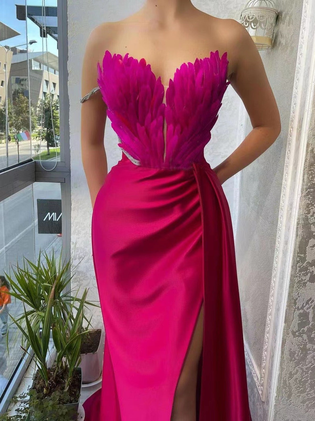 feather trim slit maxi dress shoulder detail