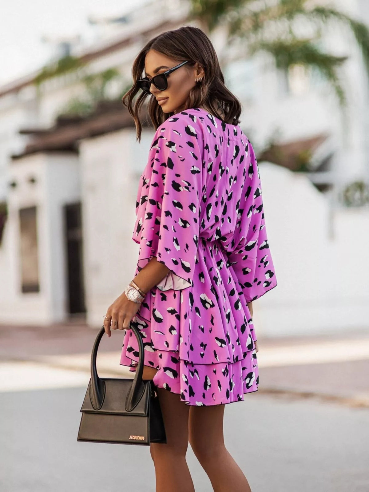 Printed surplice tiered mini dress back view