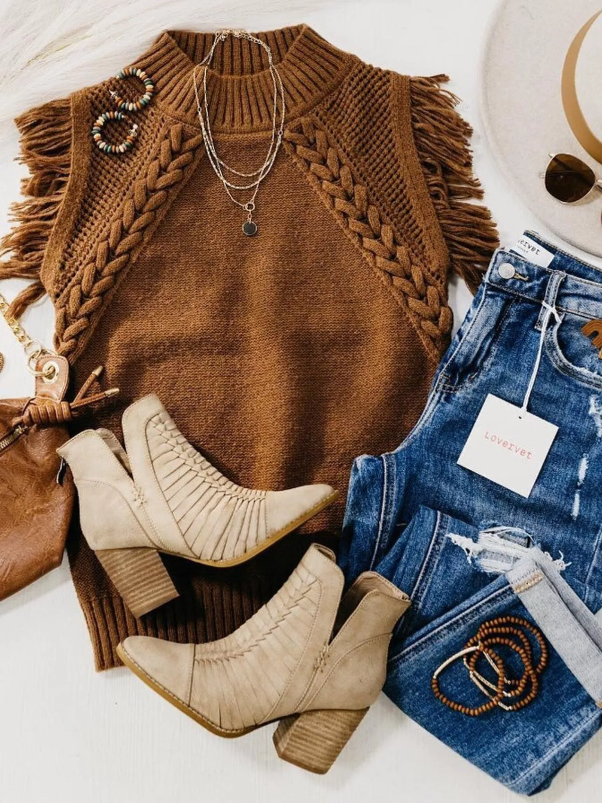 braided trim fringe sweater top knit texture close up