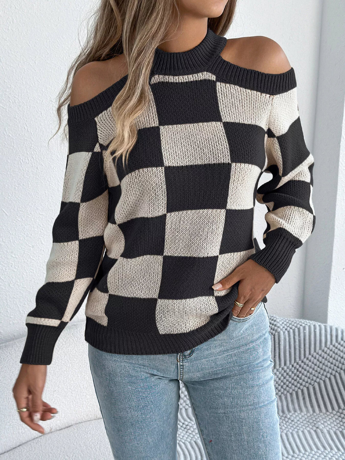 Checked Cold Shoulder Long Sleeve Sweater back view