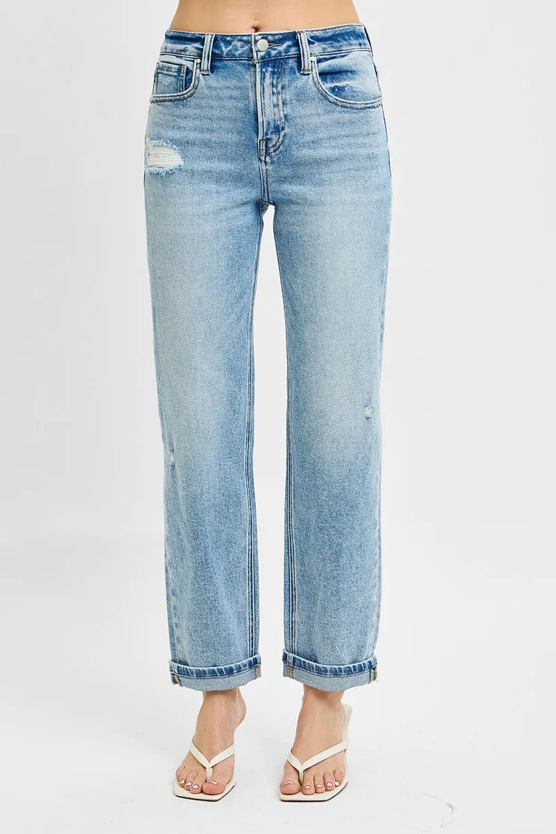RISEN high rise ankle boyfriend distressed jeans front view in light blue