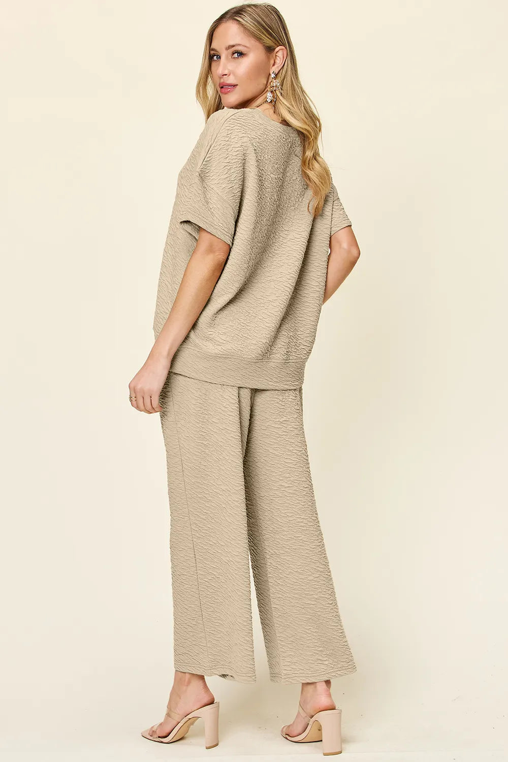 Back view of textured short sleeve matching set