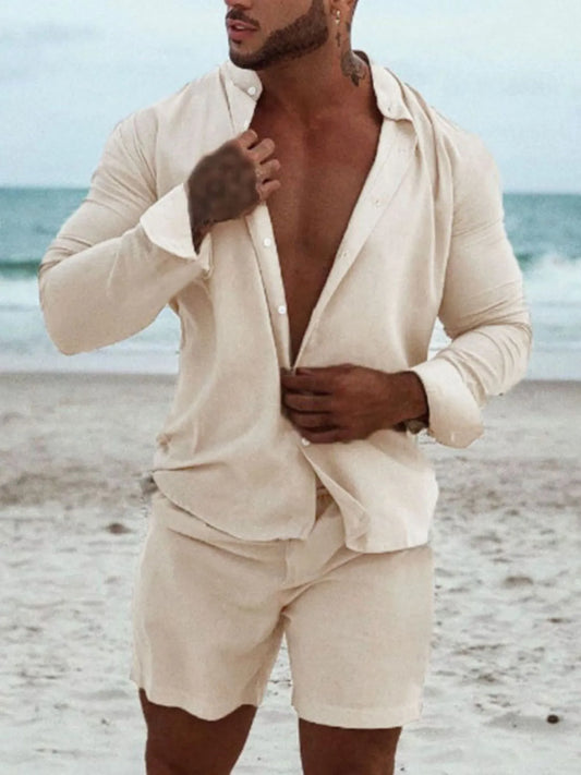 Men's Full Size Button Up Long Sleeve Shirt and Shorts Set Plus Size Apricot - Fashorio