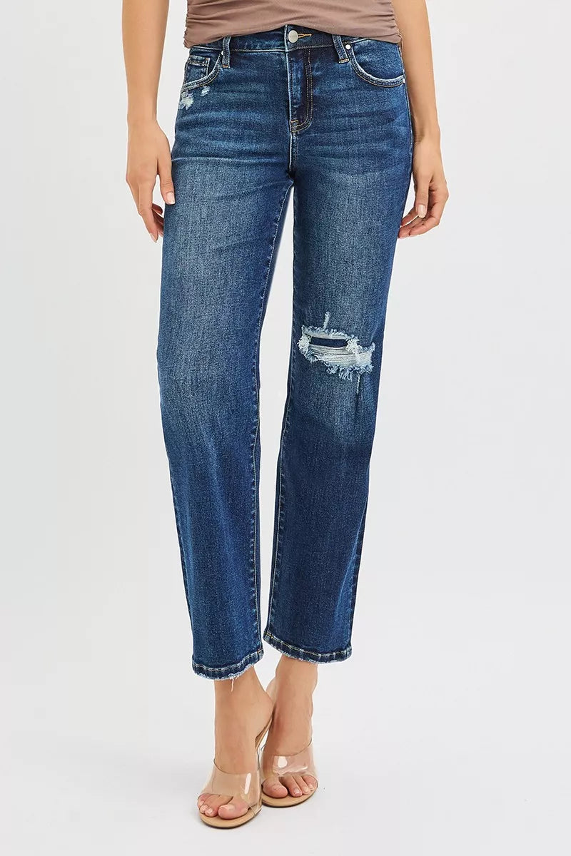 RISEN high rise slim straight jeans in dark wash front view