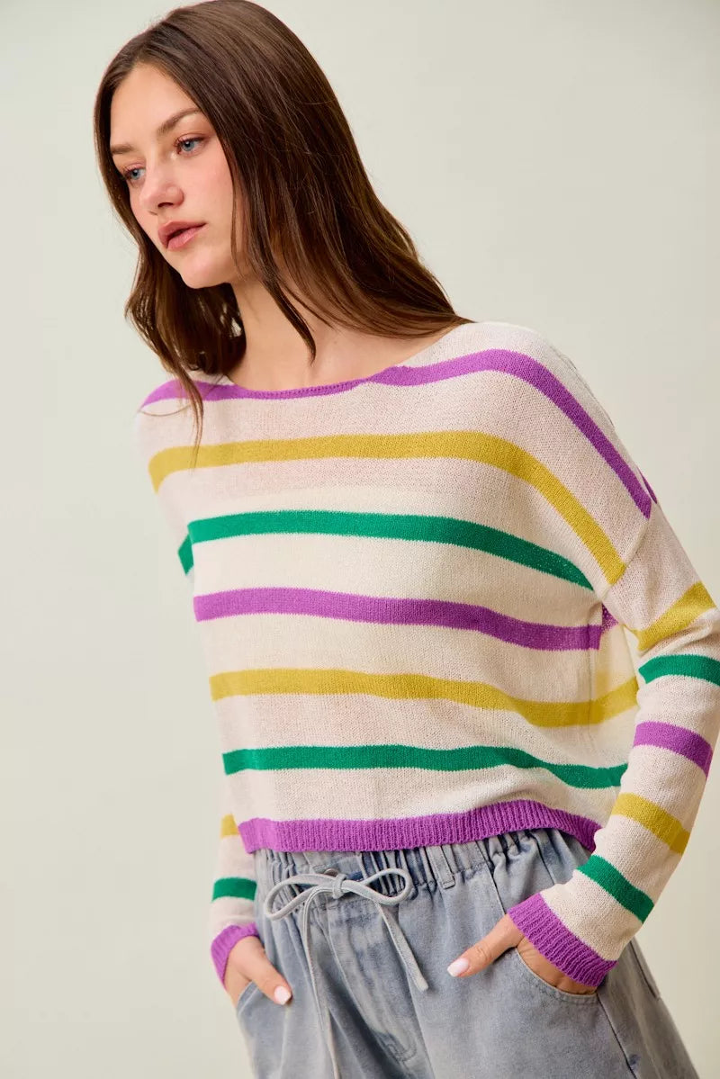 Multi Color Stripe Lightweight Sweater Top in Ivory view 16