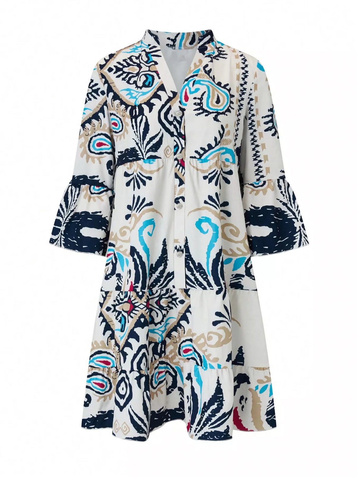 Printed mini dress shown at a side angle