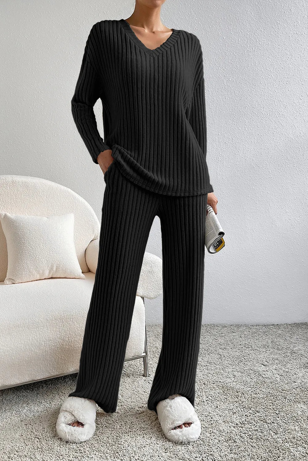 Ribbed V-Neck Top and Pants Lounge Set Black - Fashorio