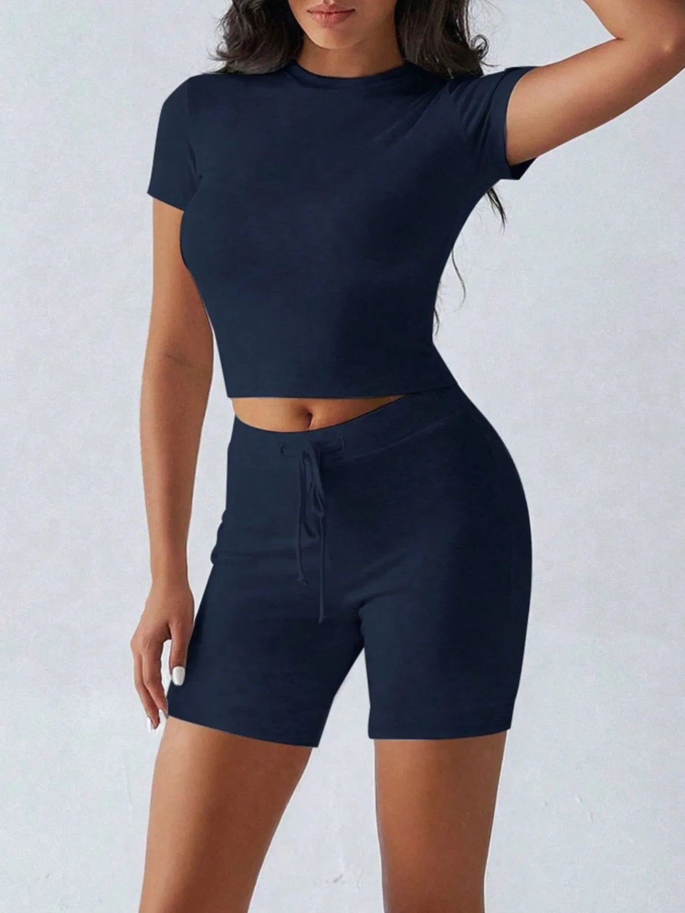 Round Neck Short Sleeve Top and Shorts Set Navy Blue - Fashorio