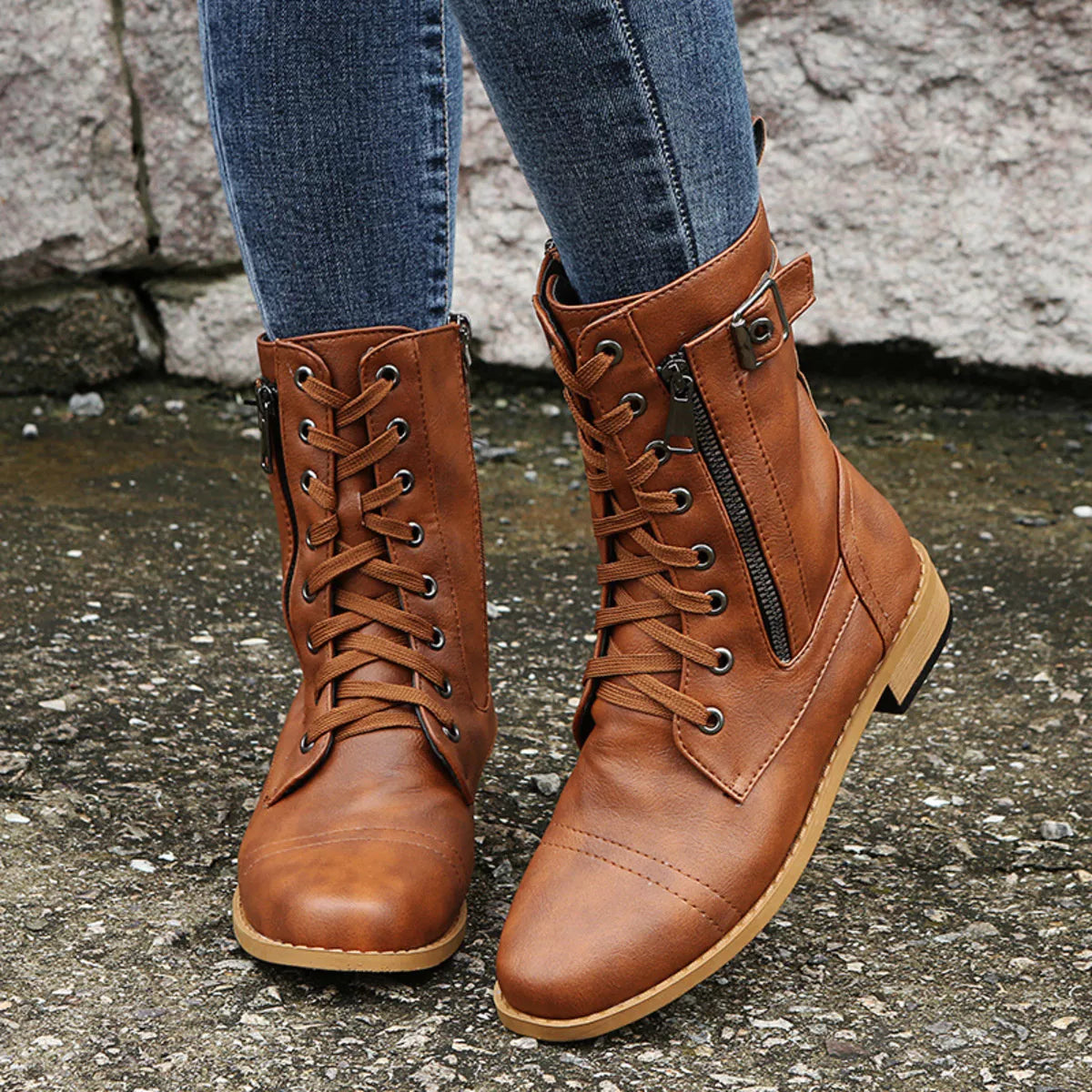 Lace Up Ankle Boots with Zipper Detail toe detail