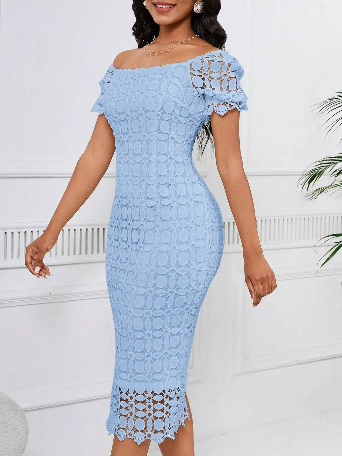 lace short sleeve midi dress detail view