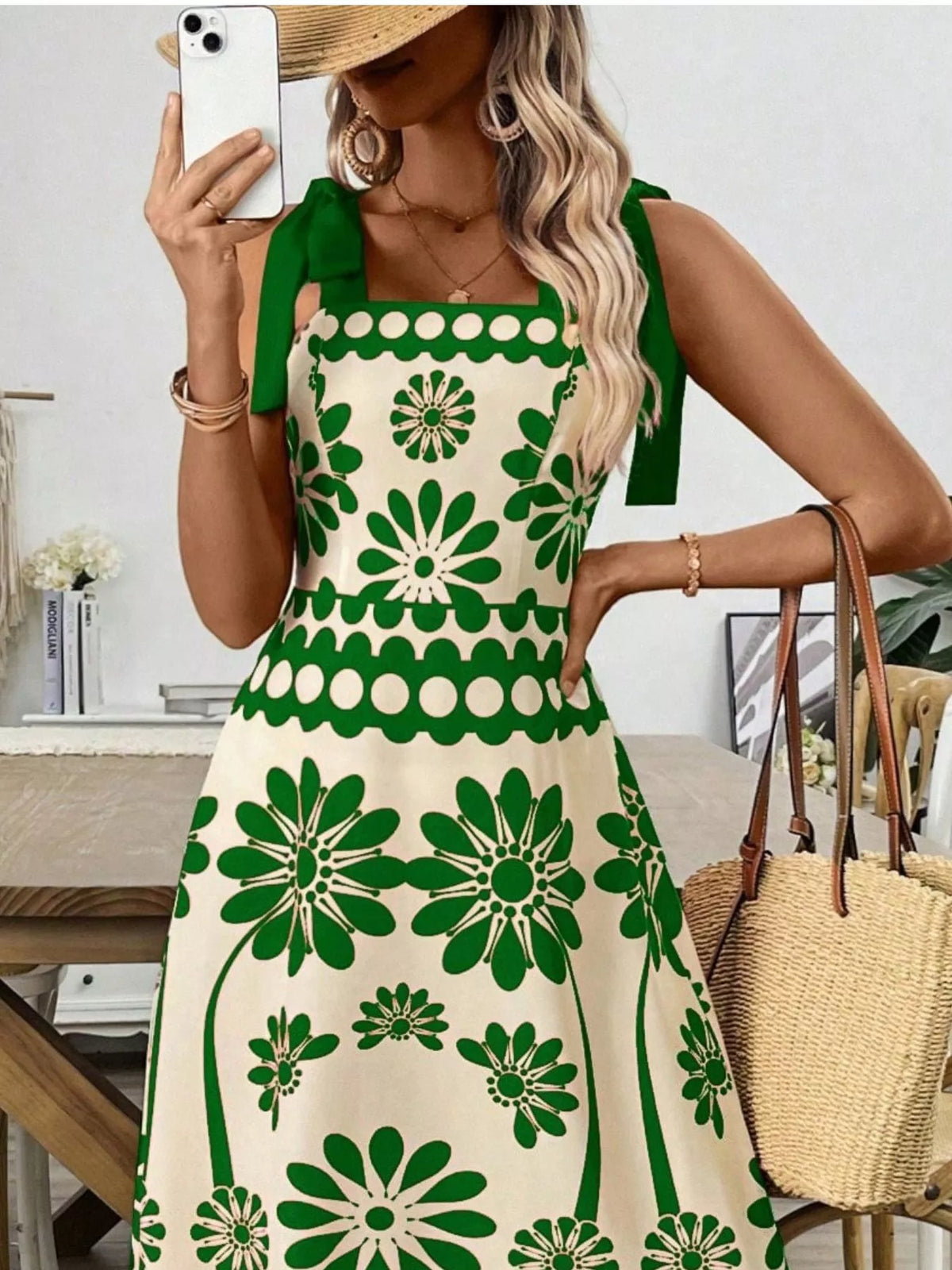 Red floral print tie shoulder midi dress front view