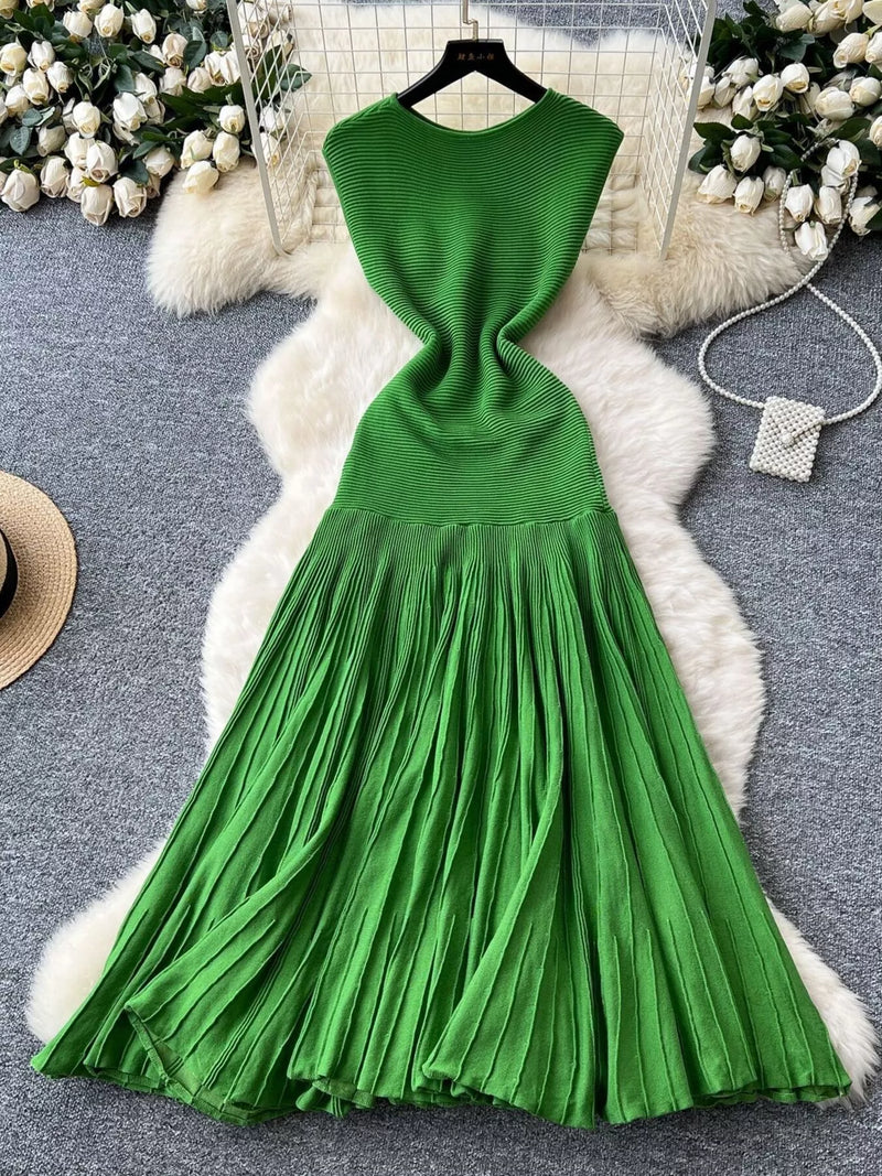 Green sleeveless textured knit maxi dress front view