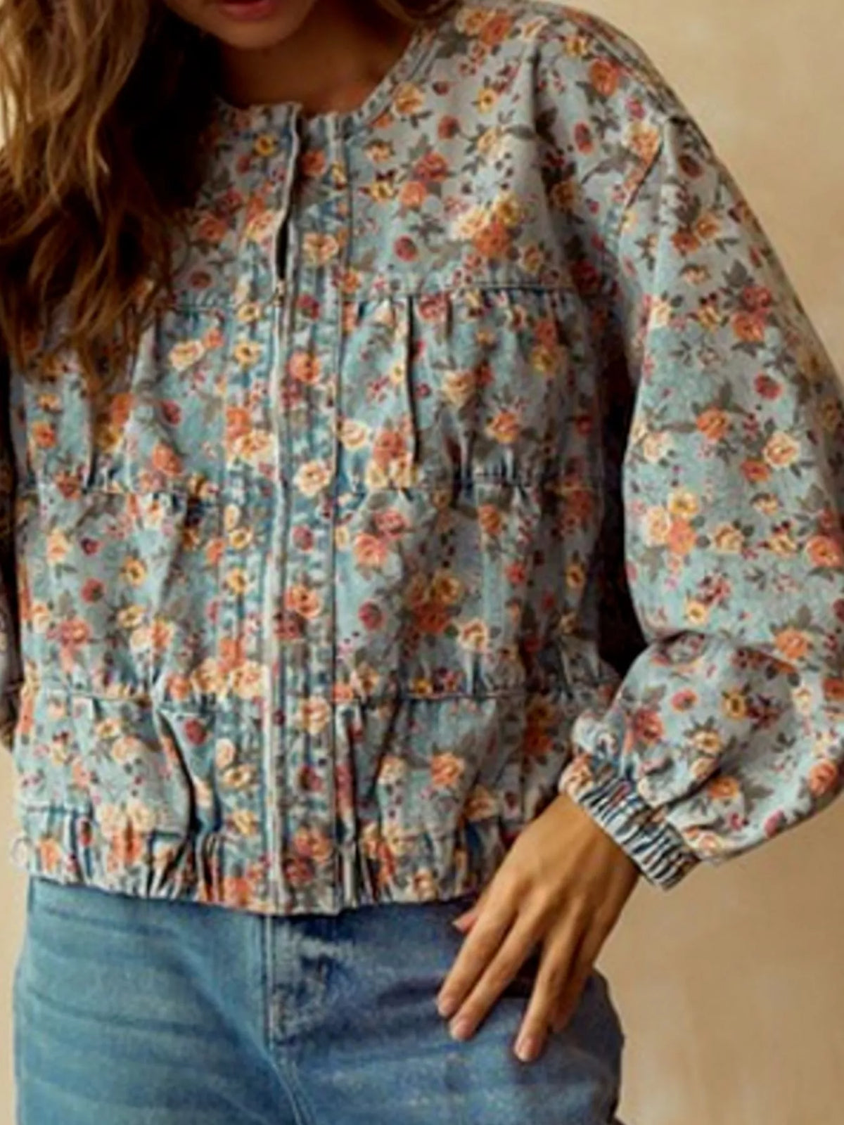 Floral Print Cropped Zip Up Denim Jacket on model