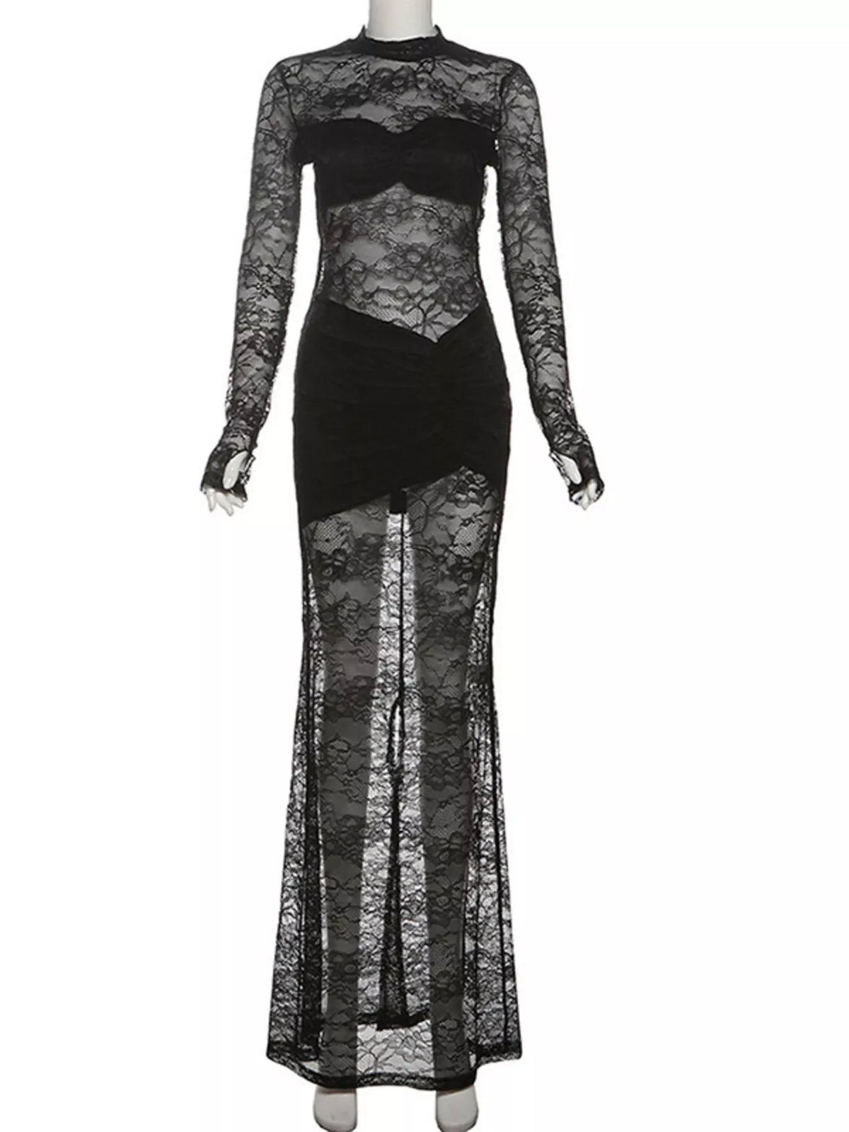 lace mock neck long sleeve maxi dress hem detail