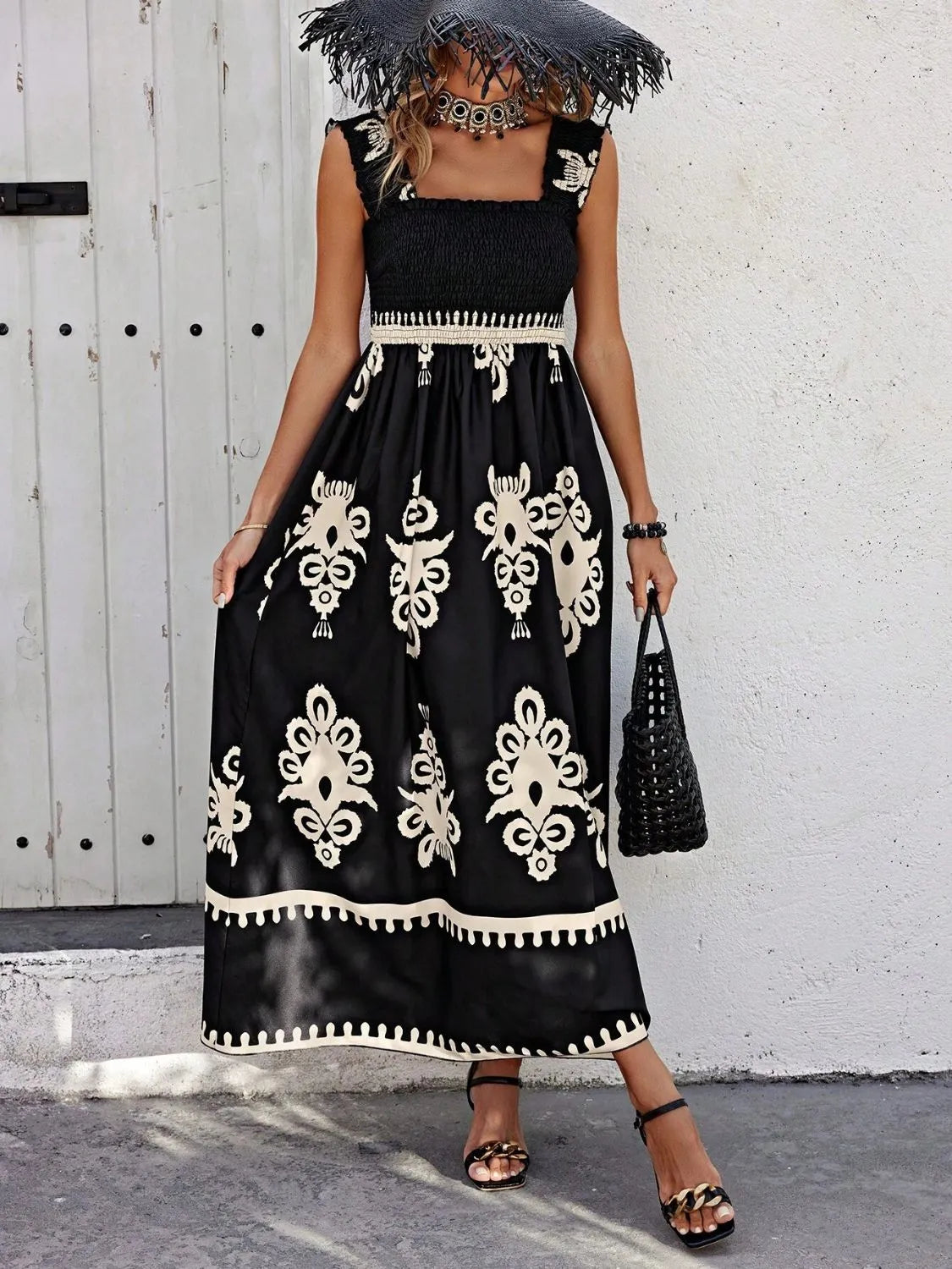 Smocked wide strap printed maxi dress front view