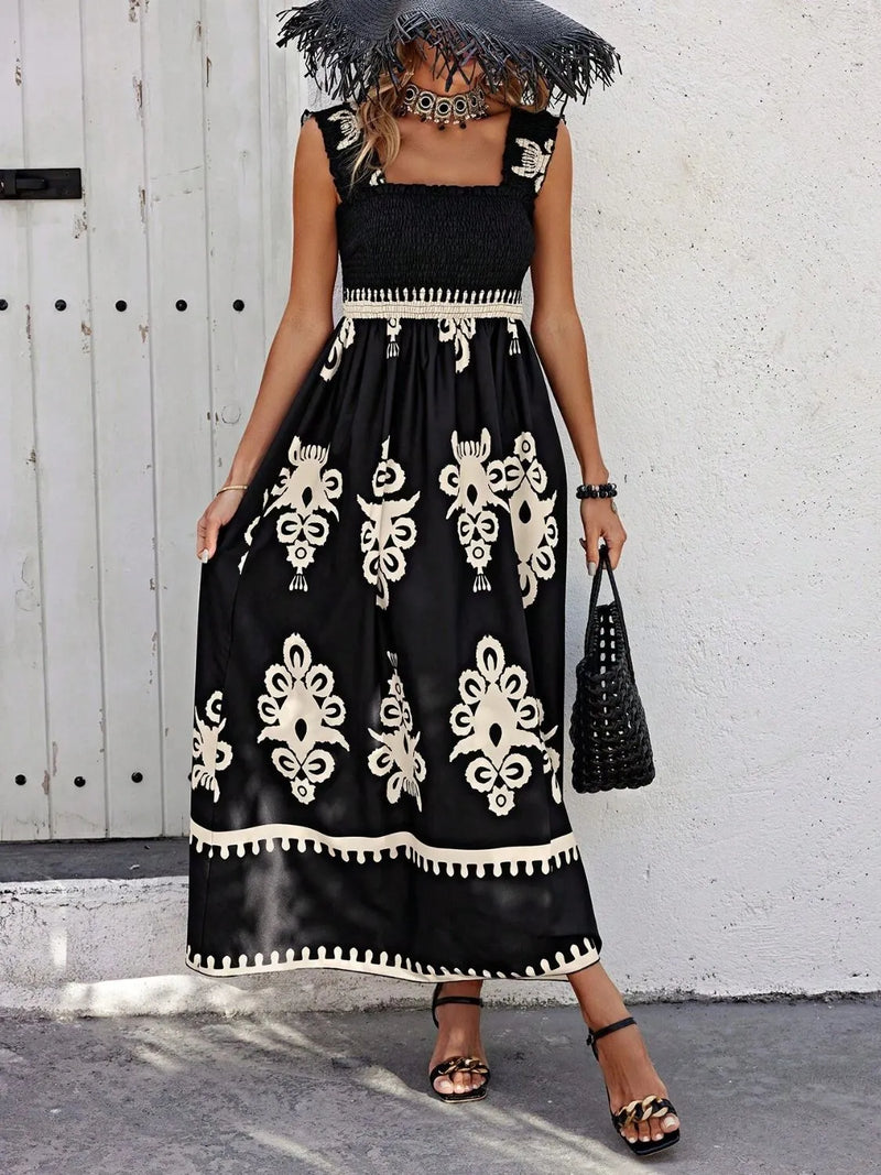 Smocked wide strap printed maxi dress front view