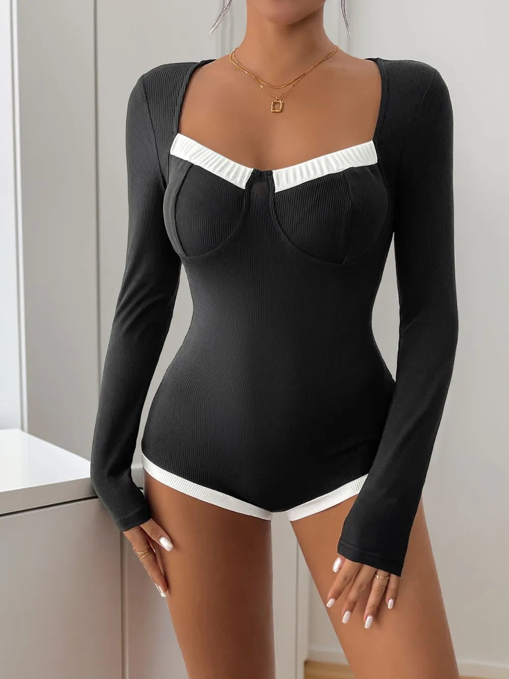 Perfee Ribbed Contrast Long Sleeve Bodysuit - Fashorio