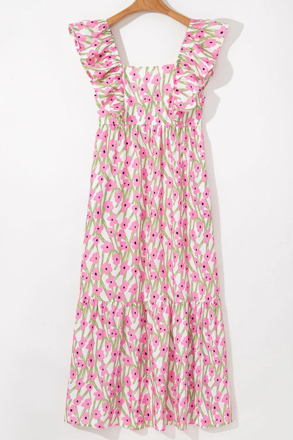 Blush pink floral square neck cap sleeve maxi dress, fabric and print detail