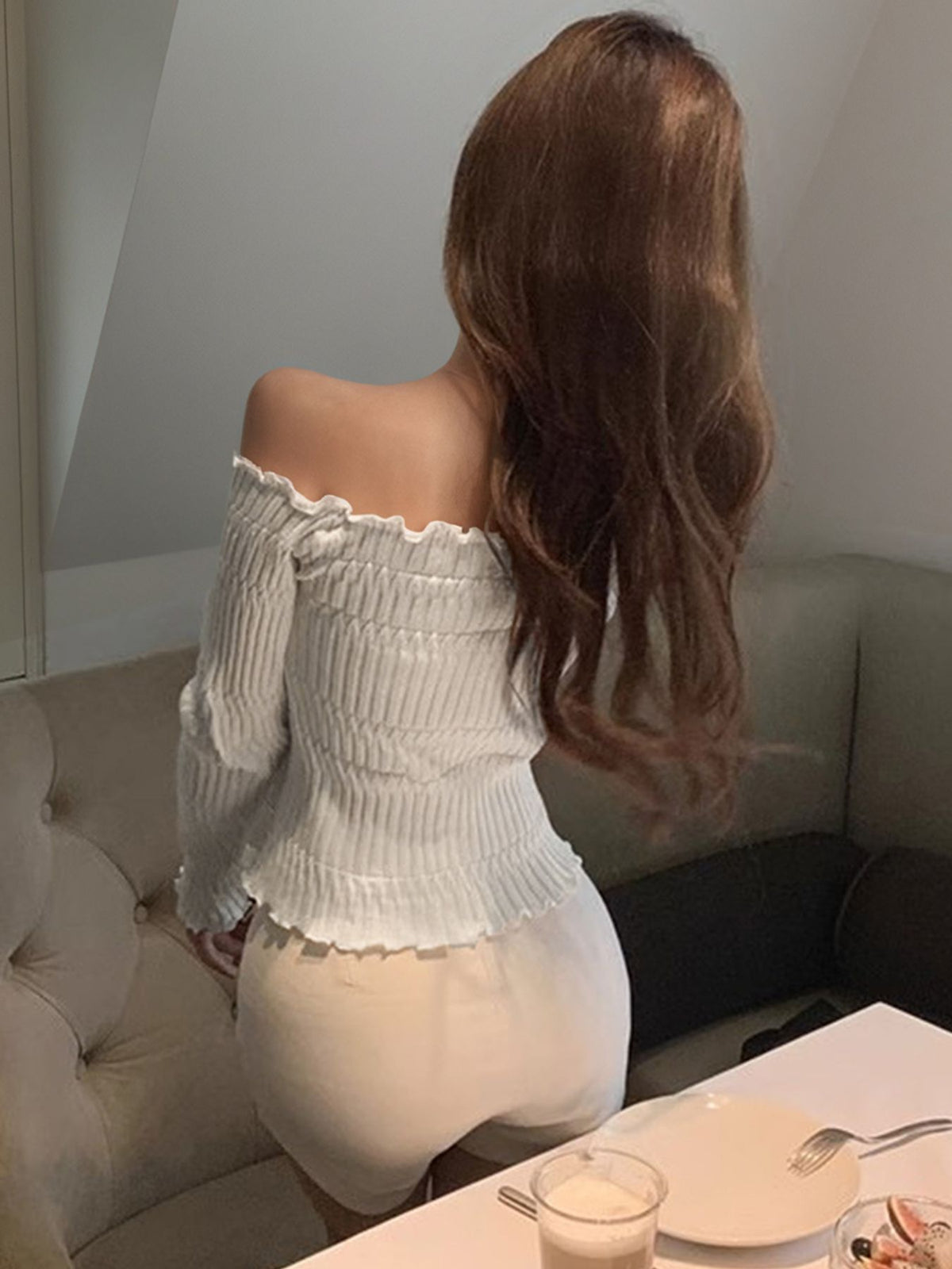 Off shoulder pearl trim top detail