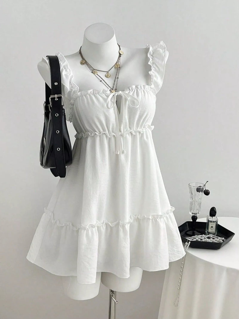White frill tie front mini dress front view