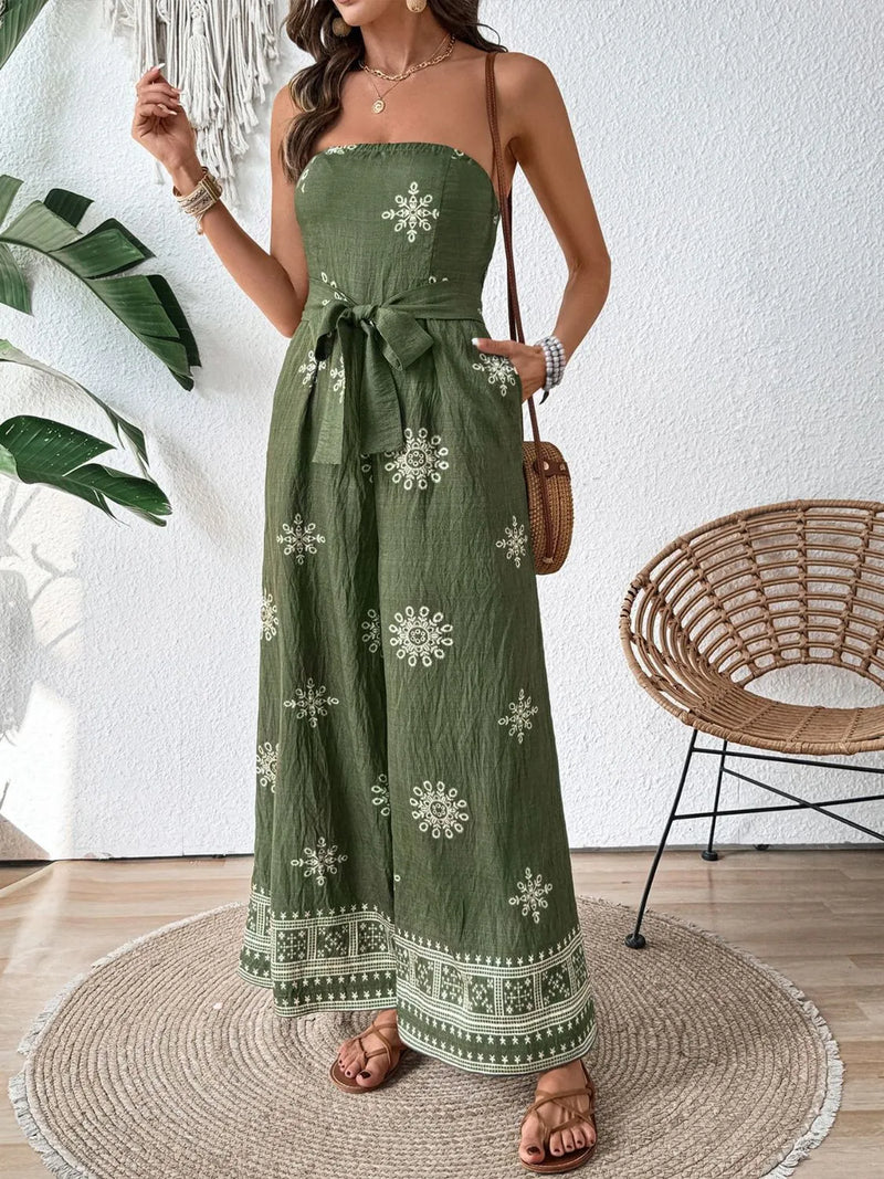 Printed wide leg tube jumpsuit front view