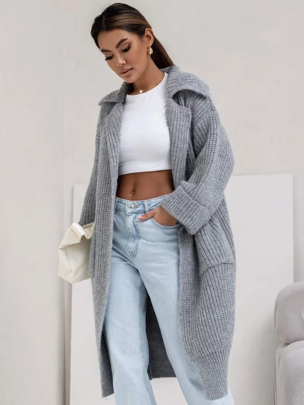 Pocketed Collared Neck Dropped Shoulder Cardigan - Fashorio