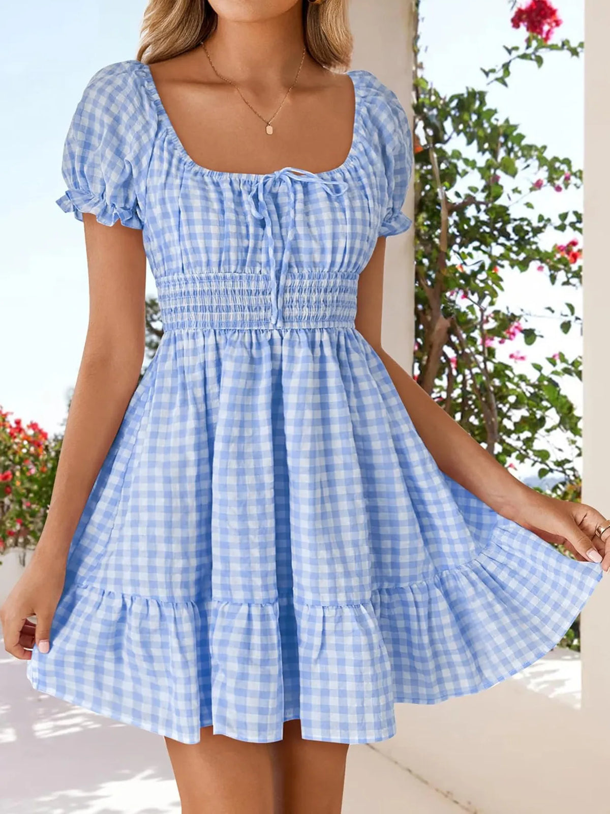 Gingham Smocked Puff Sleeve Summer Dress in Yellow view 14