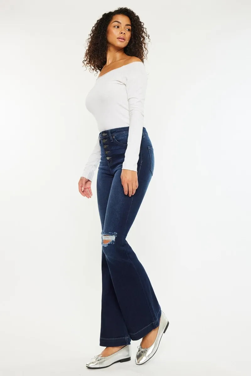 Kancan Button Fly High Rise Distressed Flare Jeans - Fashorio