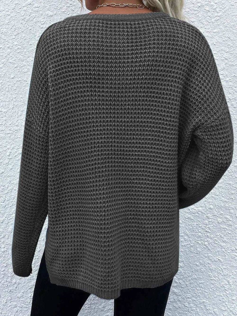 Notched Long Sleeve Sweater - Fashorio