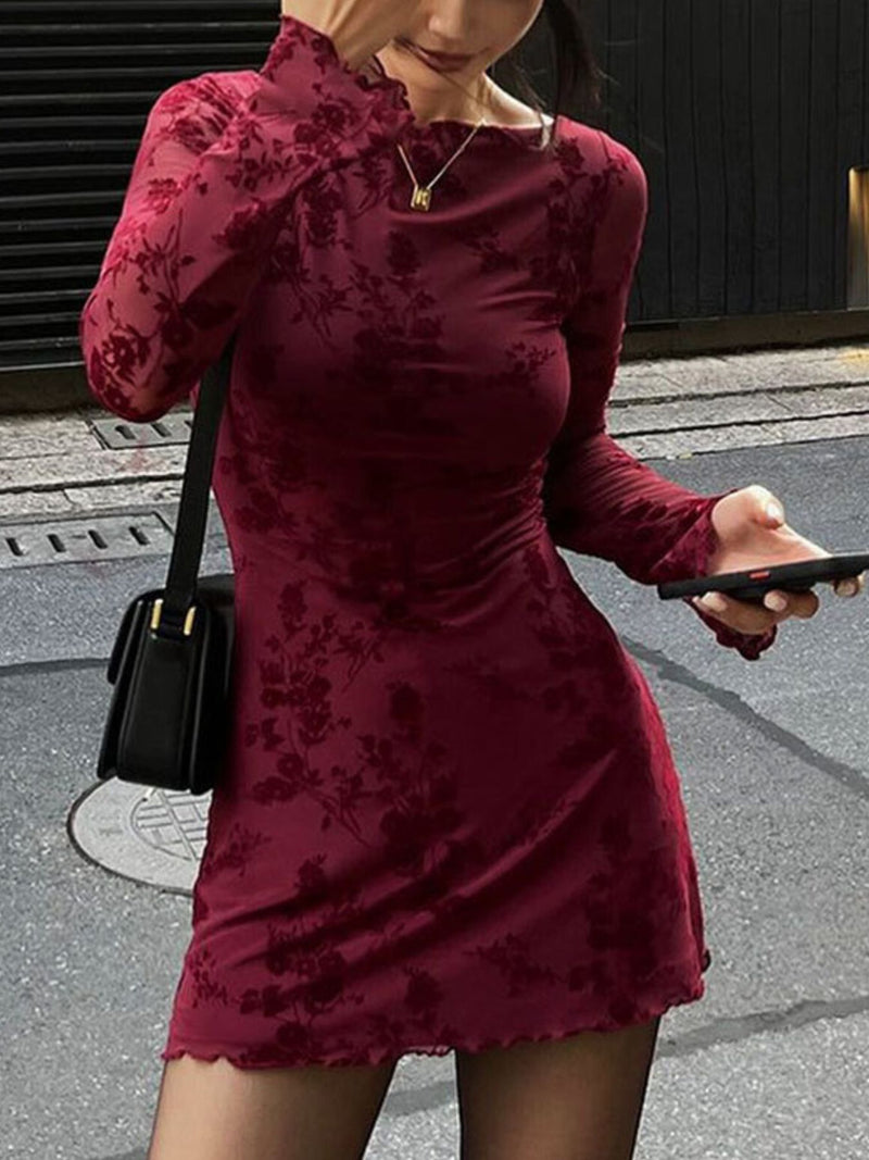 Burgundy long sleeve bodycon mini dress front view