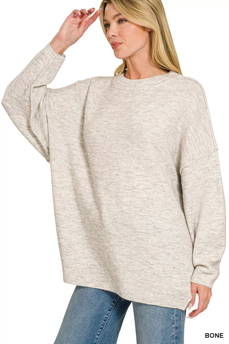 Bone melange knit sweater exposed seam detail
