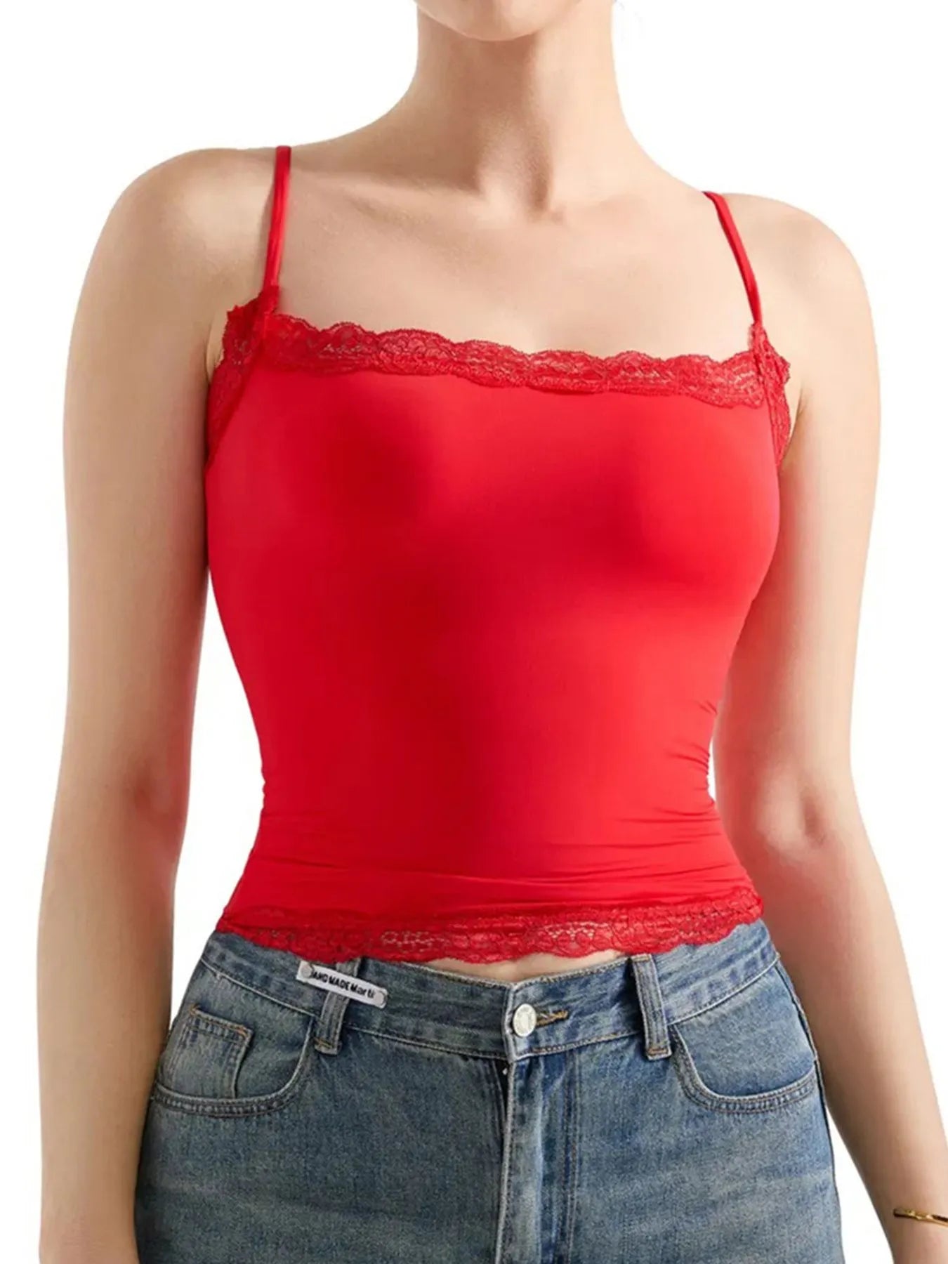 Lace Trim Cami Top Red - Fashorio