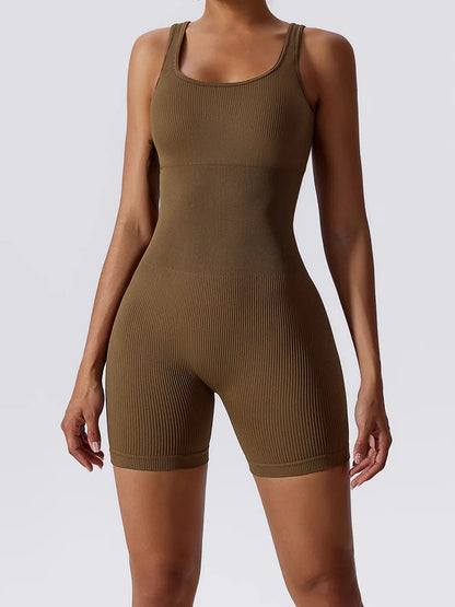 Basic Bae Ribbed Sleeveless Active Romper Brown - Fashorio