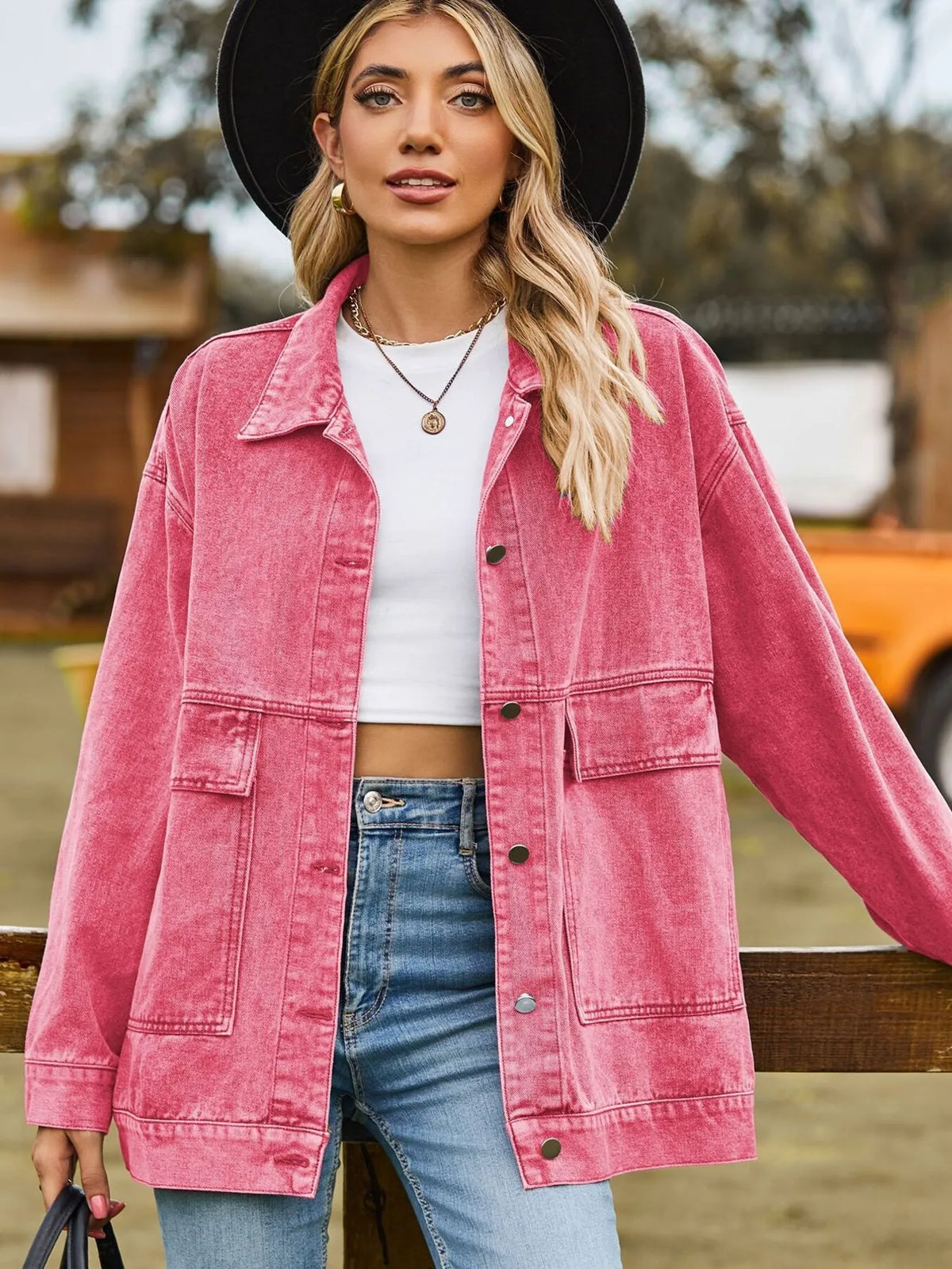 Oversized Hooded Denim Jacket in Light Blue styled look