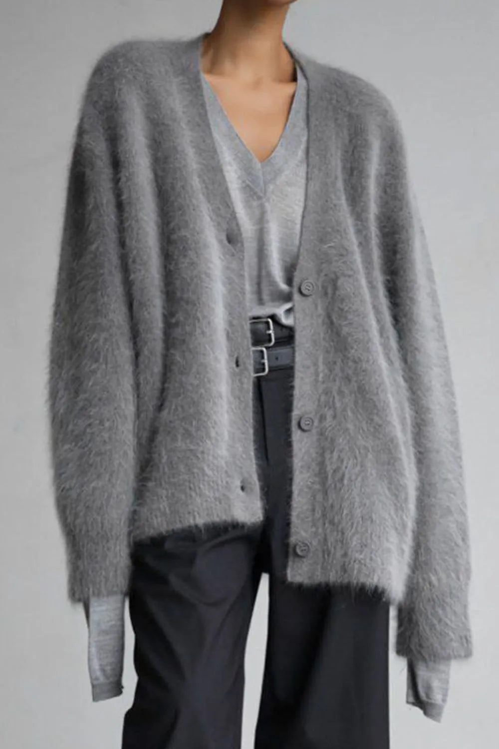 Fuzzy Button Down Long Sleeve Cardigan - Fashorio