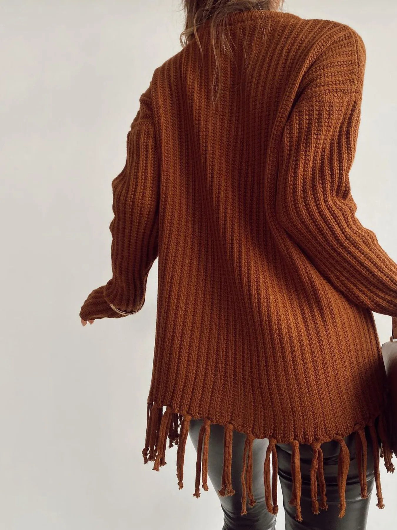 Fringe Round Neck Long Sleeve Sweater - Fashorio