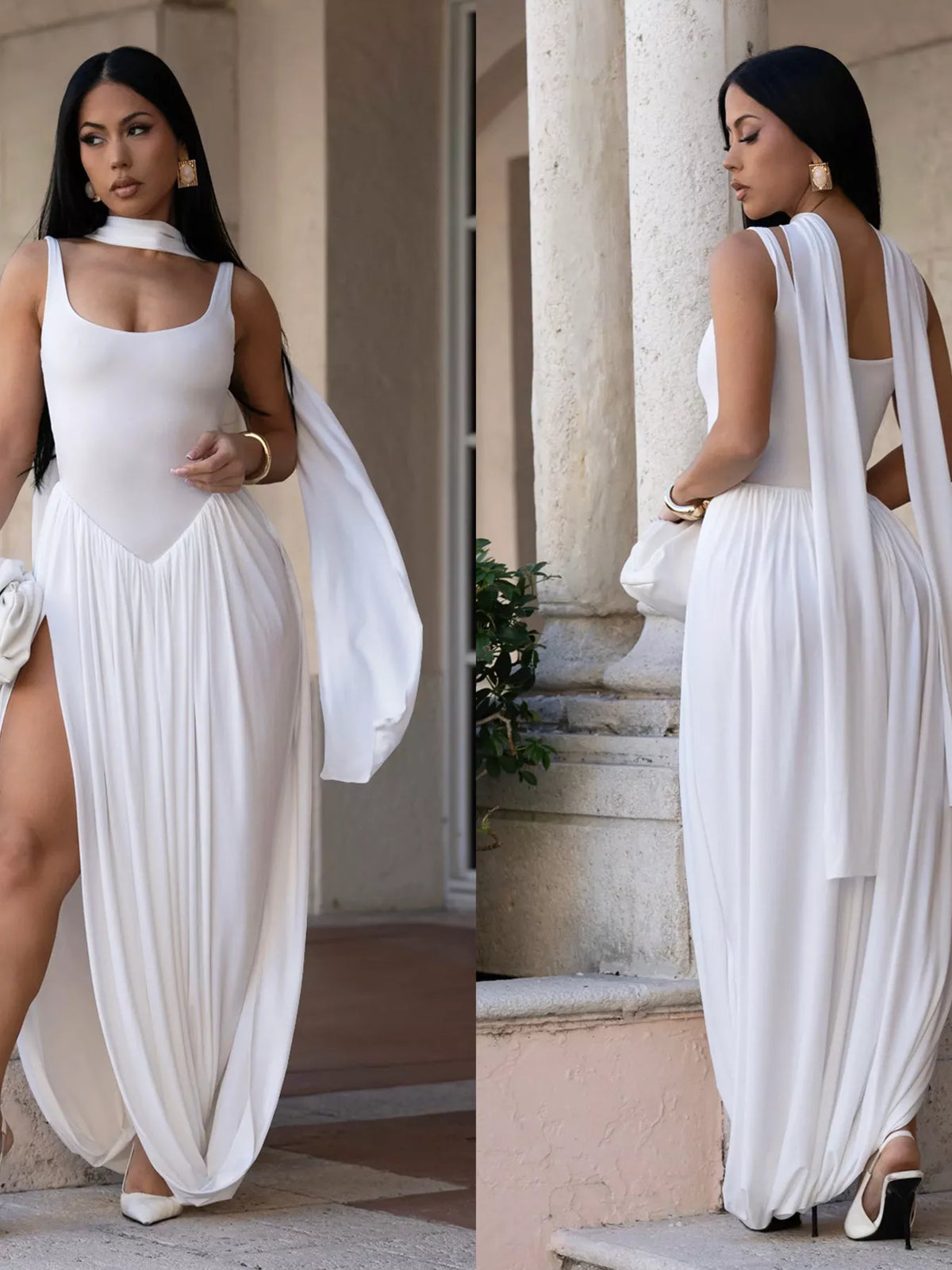 scoop neck slit maxi dress styled look