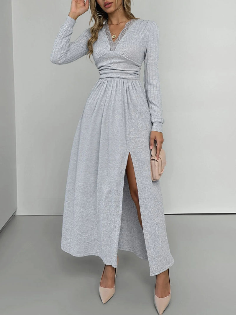light gray lace detail v neck maxi dress with side slit front view
