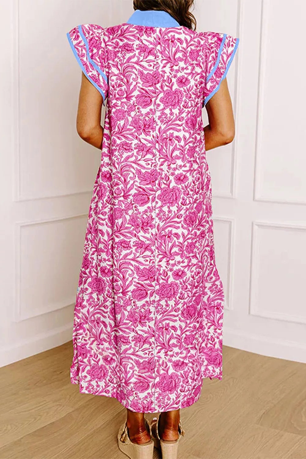 Pink floral ruffle cap sleeve maxi dress side view
