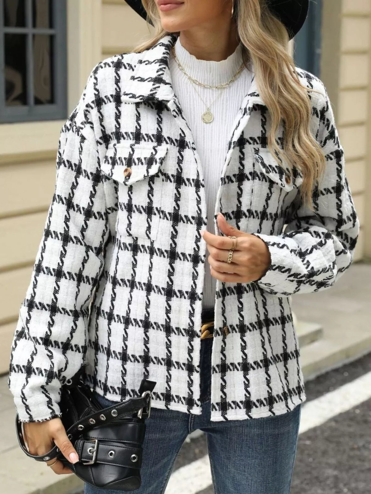 Plaid Button Up Jacket in White and Red back view