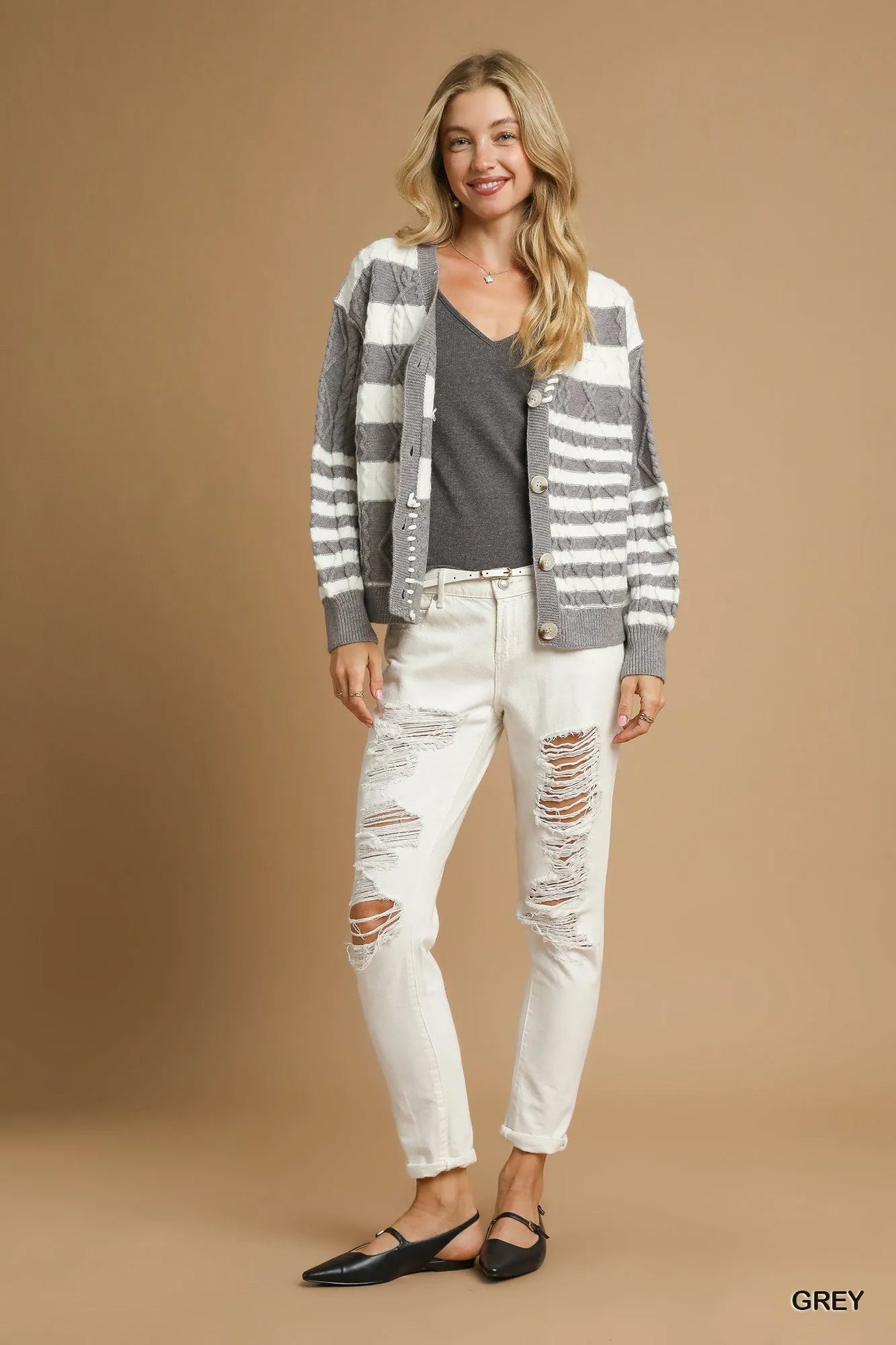 Umgee Cable-Knit Stripe Button-Up Cardigan - Fashorio