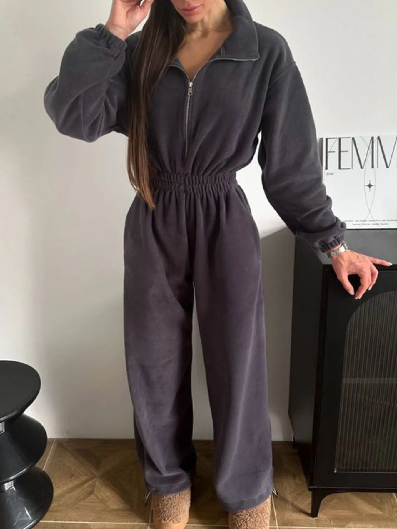 Zip Front Long Sleeve Jumpsuit Dark Gray - Fashorio