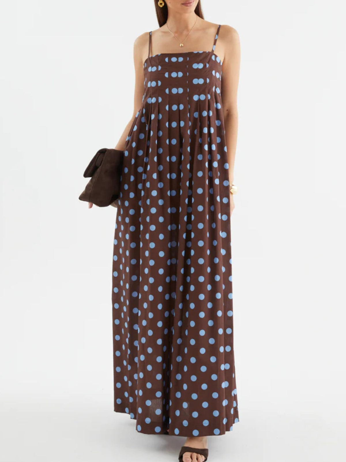Polka dot smocked pleated maxi dress back view