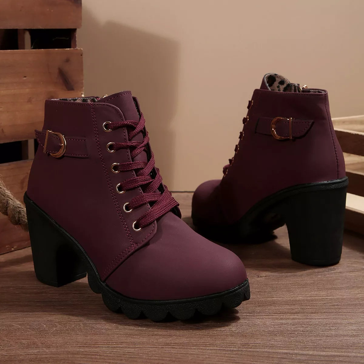 Lace up buckle chunky heel ankle boots sole and tread