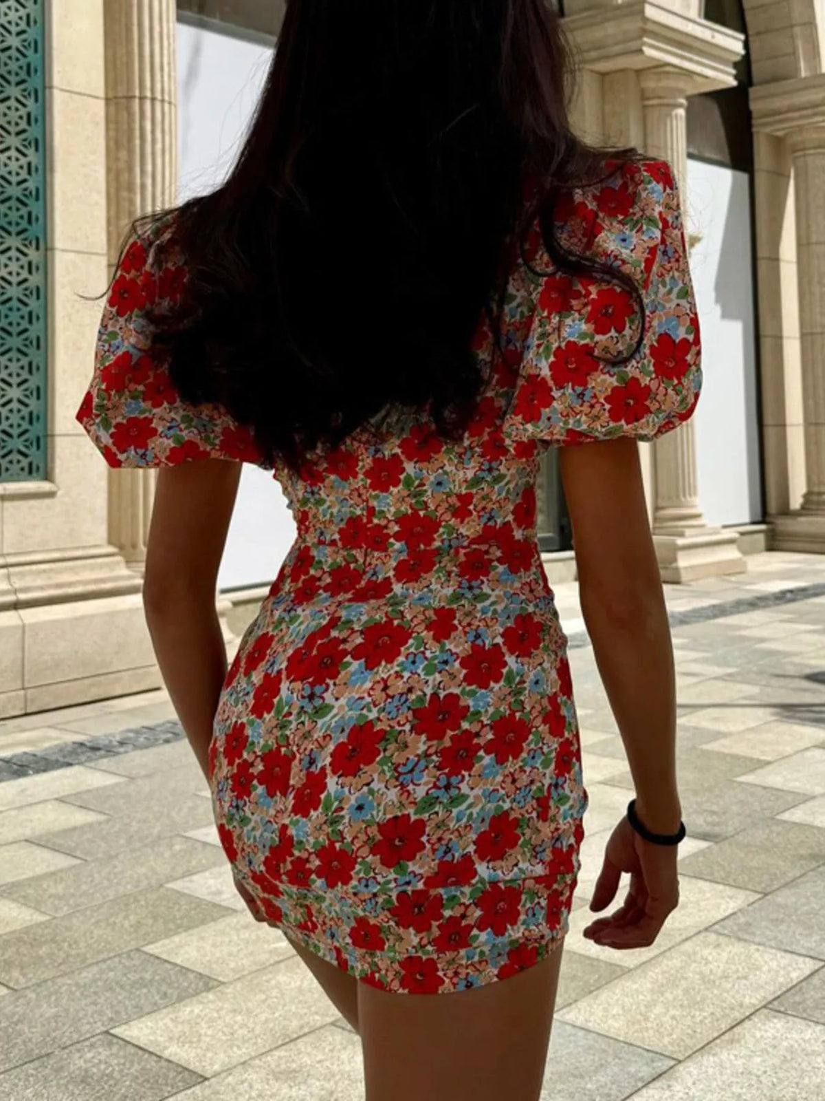 Ruched bodice and floral print close up