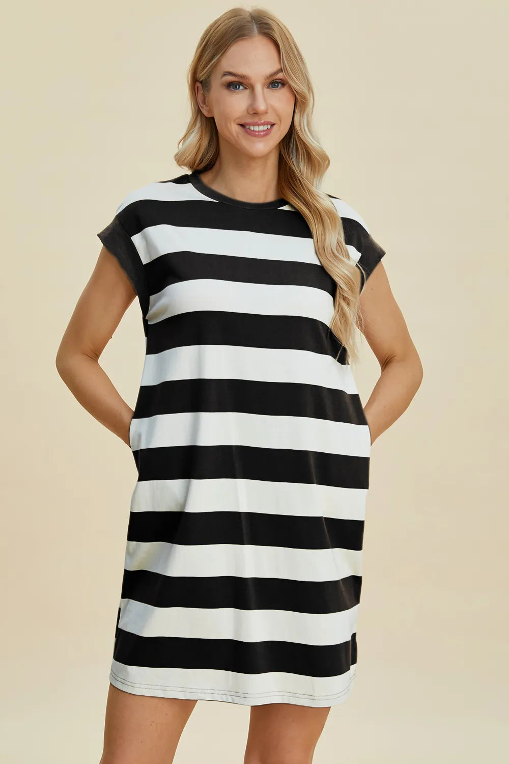 Cap sleeve striped mini dress full length styling