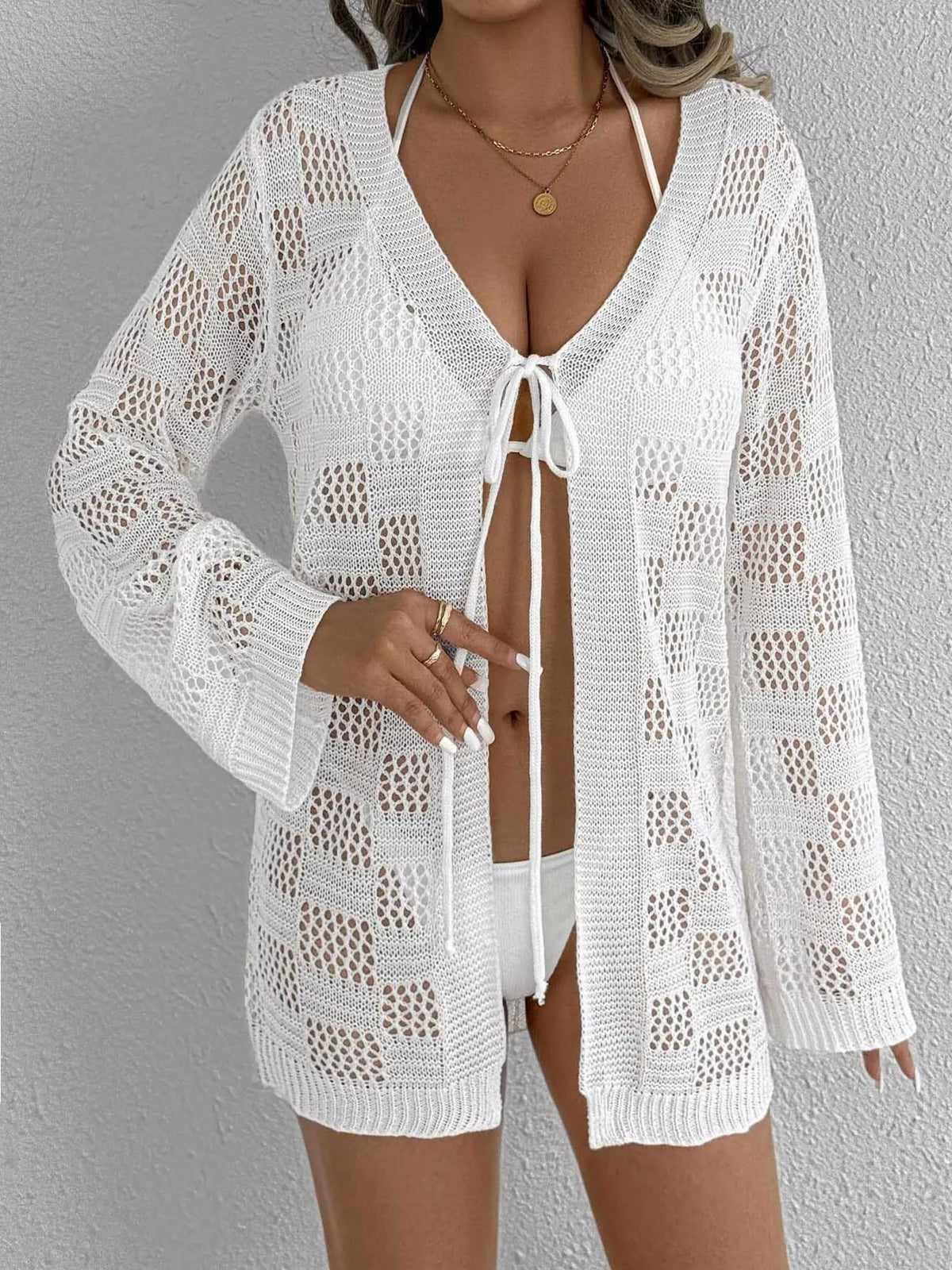 Crochet tie front swim cover up, side view