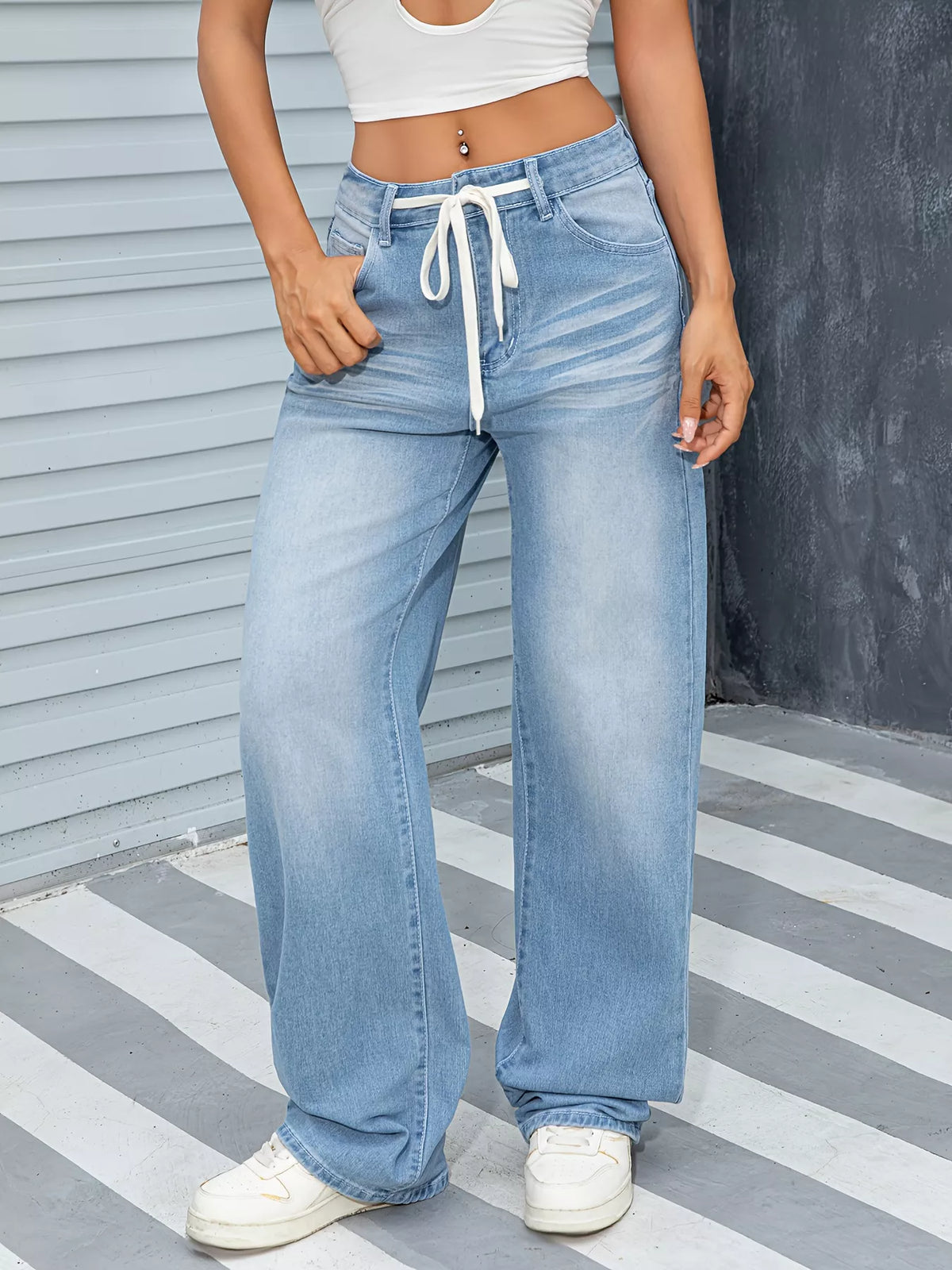 Sky blue drawstring wide leg jeans front view