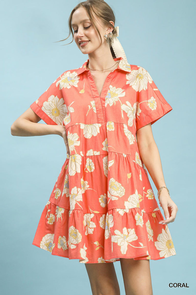 Floral Tiered Collared Babydoll Dress
