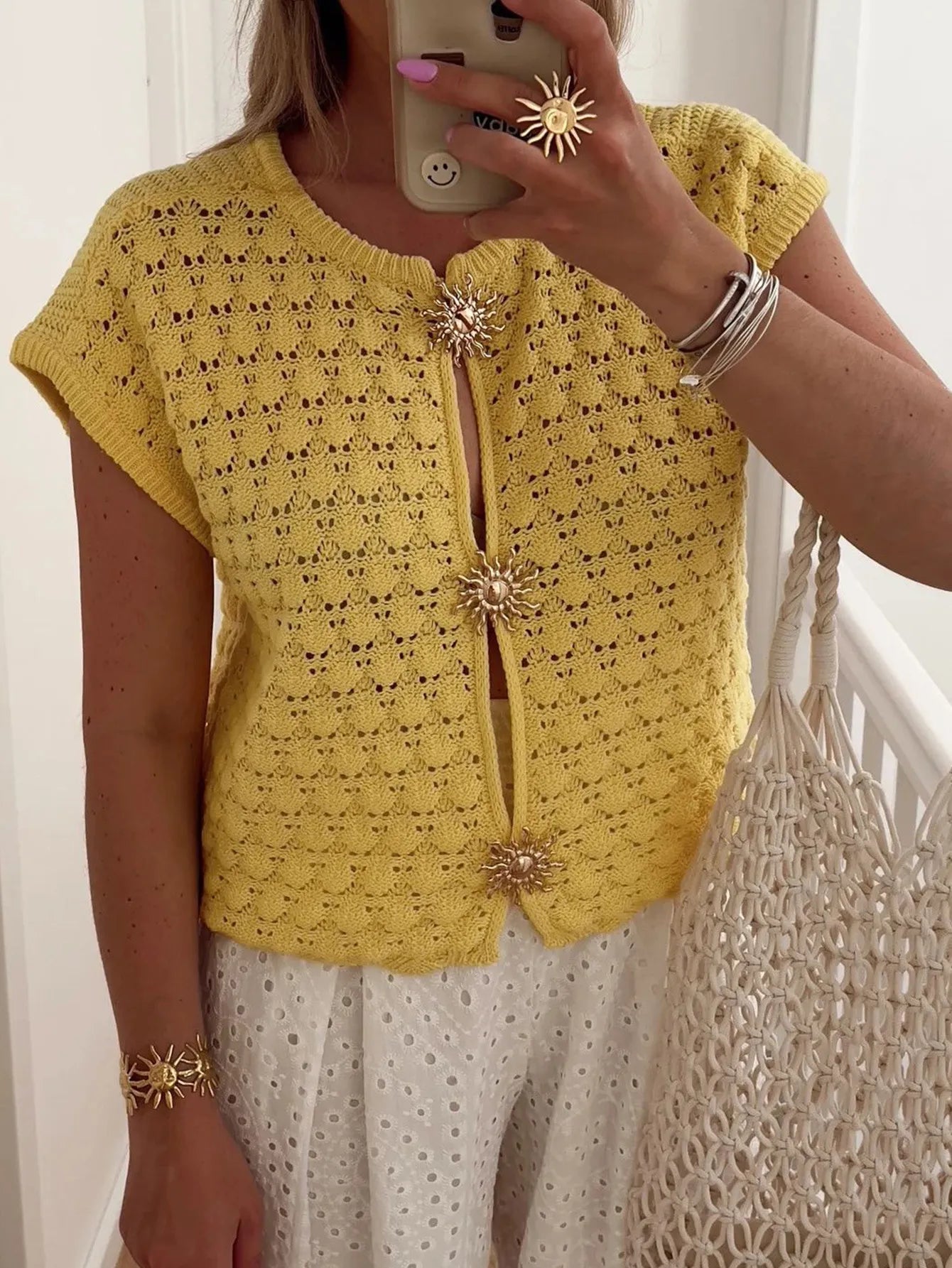 Crochet Short Sleeve Button Front Cardigan - Fashorio